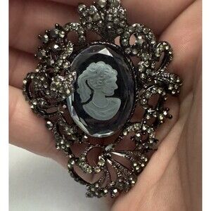 Vintage Ornate Cameo Brooch with Rhinestones – 2.5 Inches, Dark Silvertone